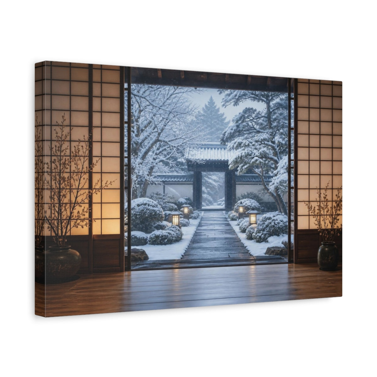 Side Mockup 4. Snowy Japanese Courtyard shown as canvas print