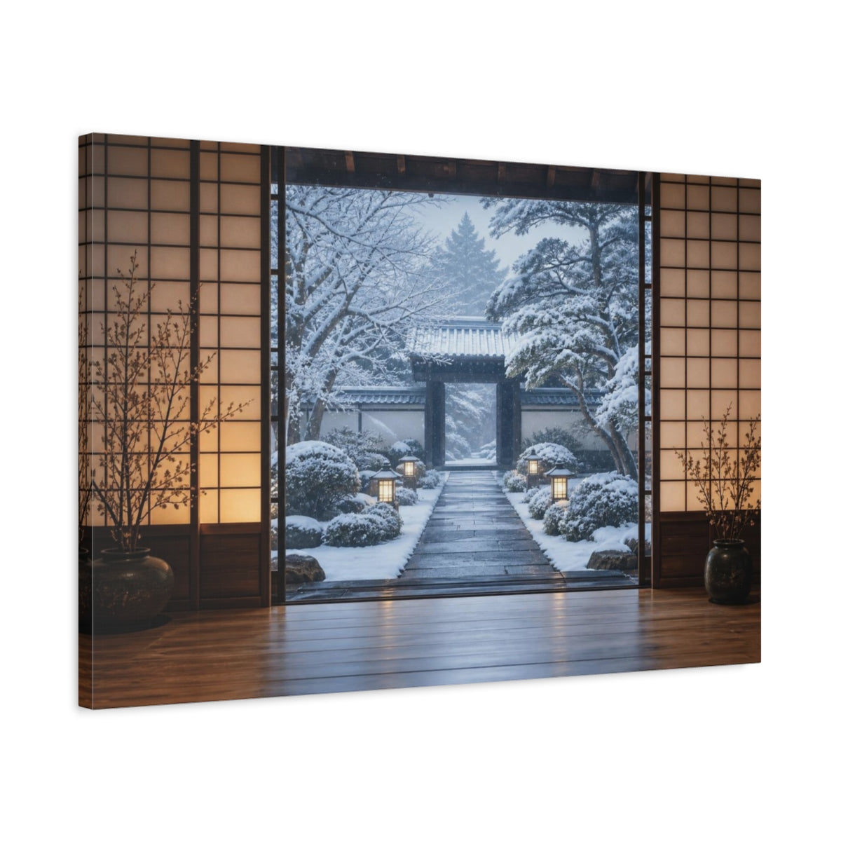 Side Mockup 2. Snowy Japanese Courtyard shown as canvas print