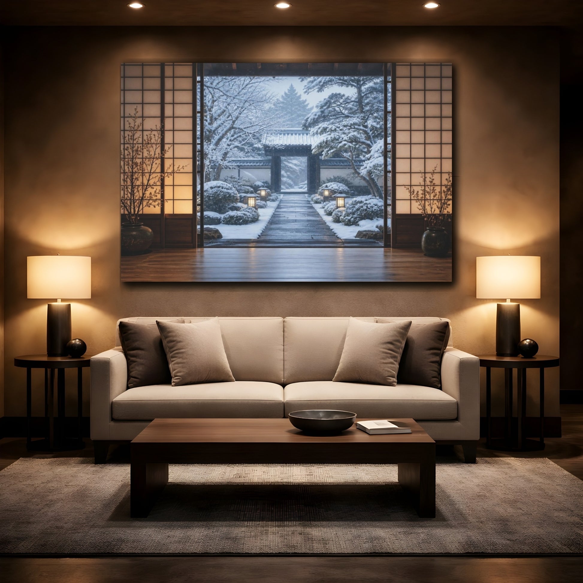 Mockup 2. Snowy Japanese Courtyard shown as canvas print