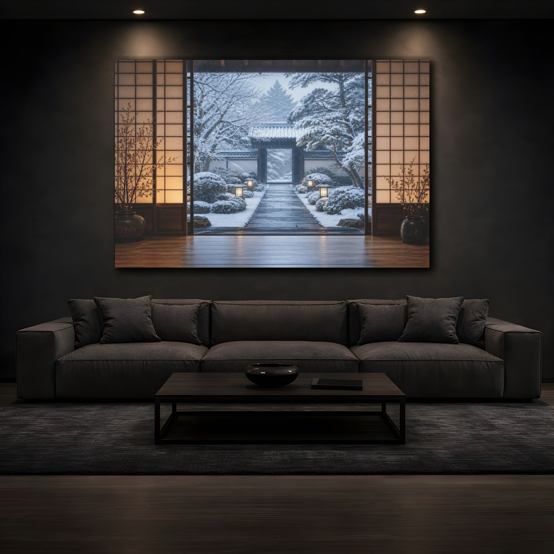 Mockup 3. Snowy Japanese Courtyard shown as canvas print