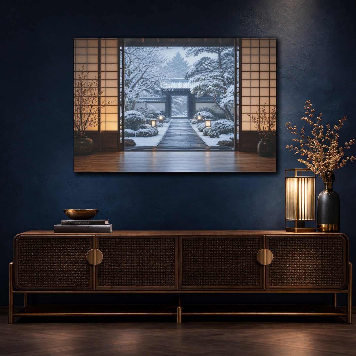 Mockup 4. Snowy Japanese Courtyard shown as canvas print