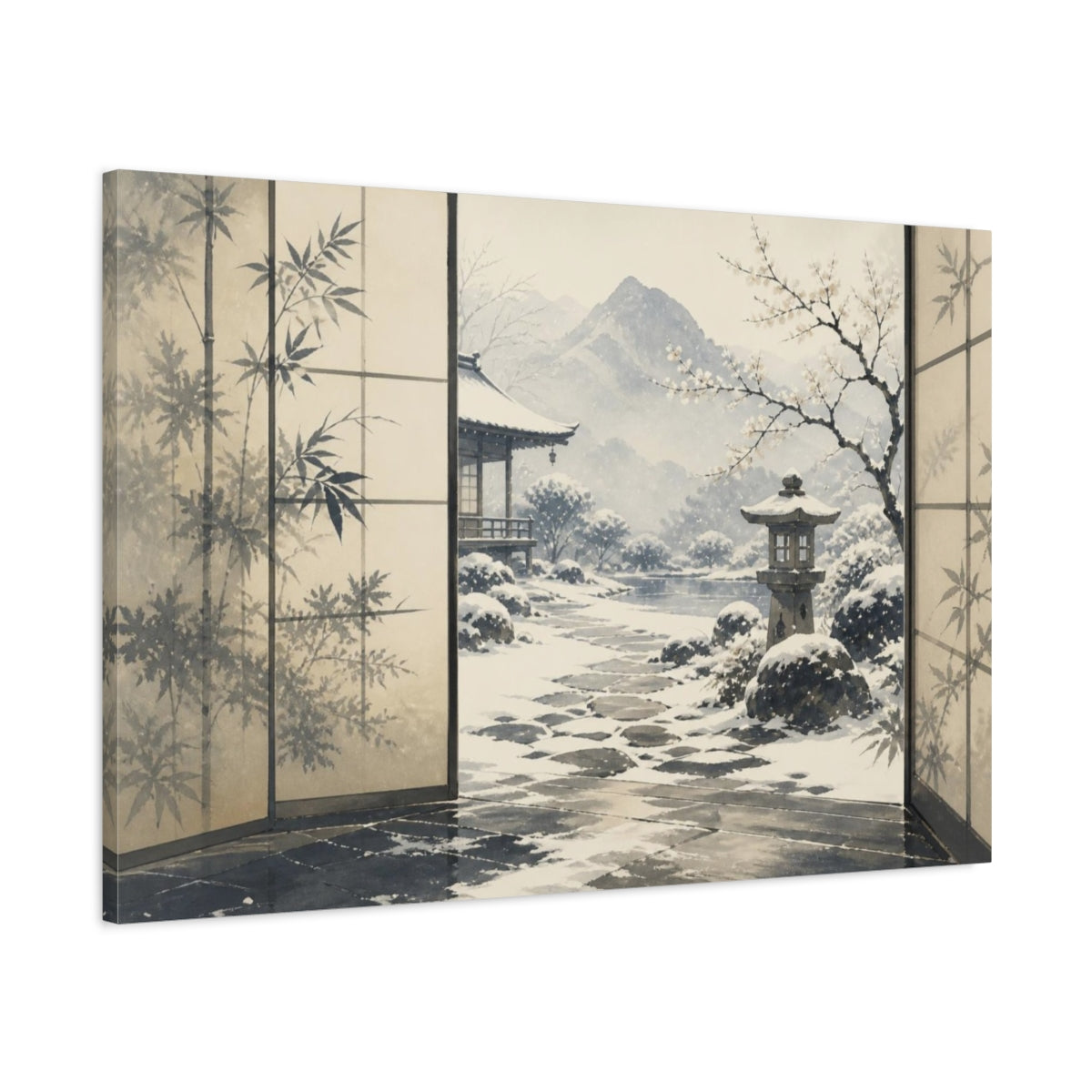 Main Mockup. Snowy Japanese Courtyard View shown as canvas print