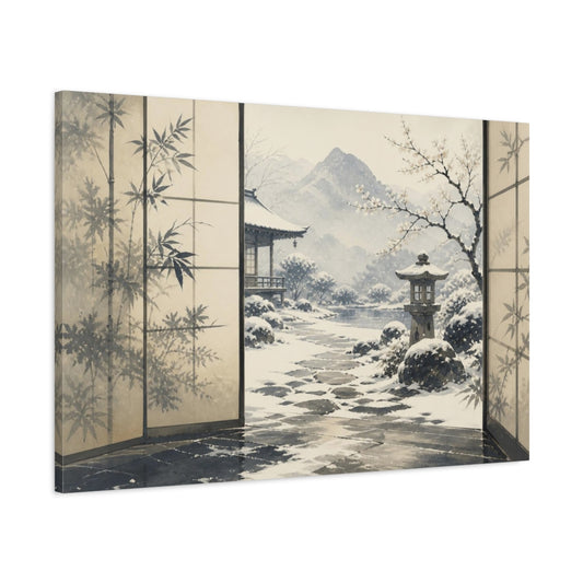 Main Mockup. Snowy Japanese Courtyard View shown as canvas print