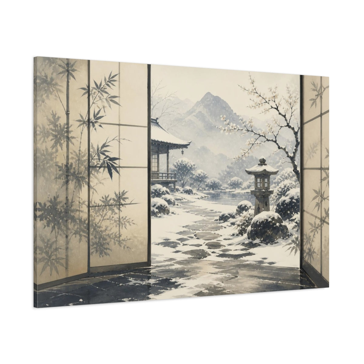Side Mockup 1. Snowy Japanese Courtyard View shown as canvas print