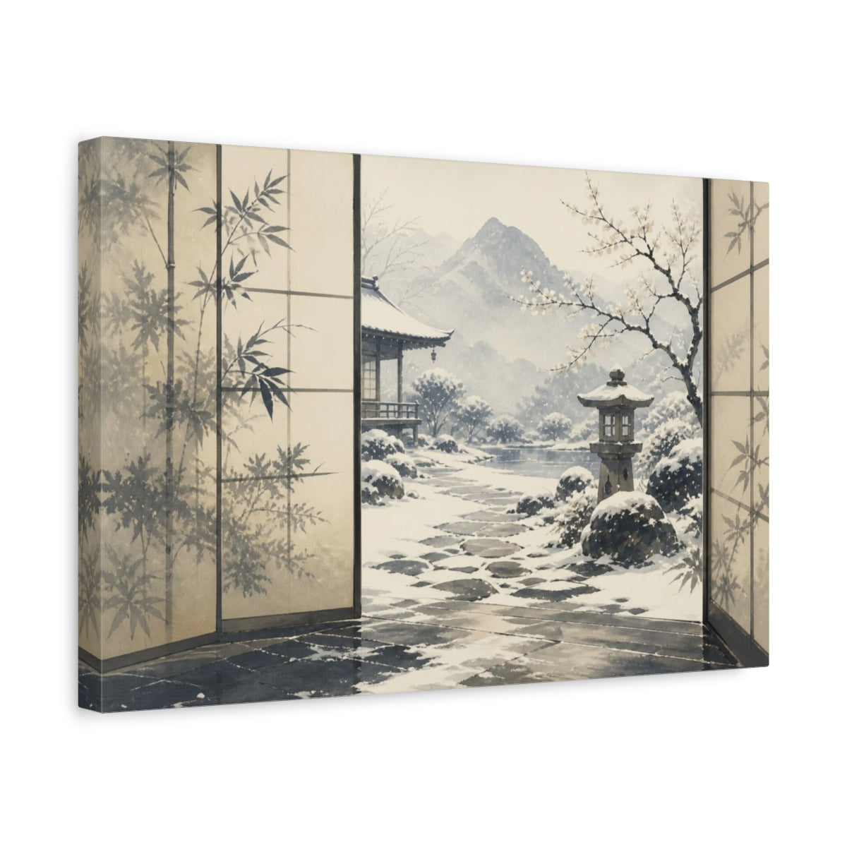 Side Mockup 4. Snowy Japanese Courtyard View shown as canvas print