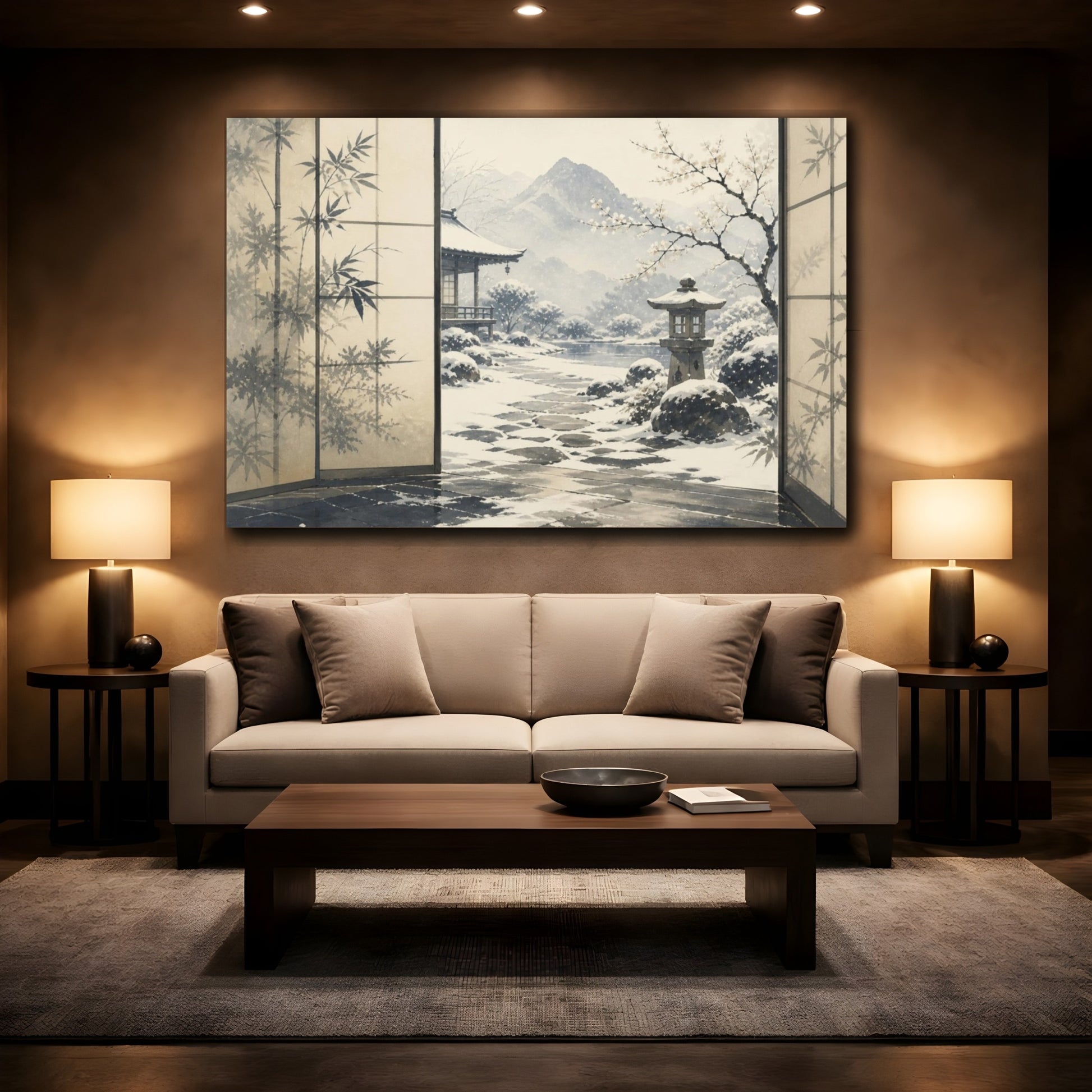 Mockup 2. Snowy Japanese Courtyard View shown as canvas print