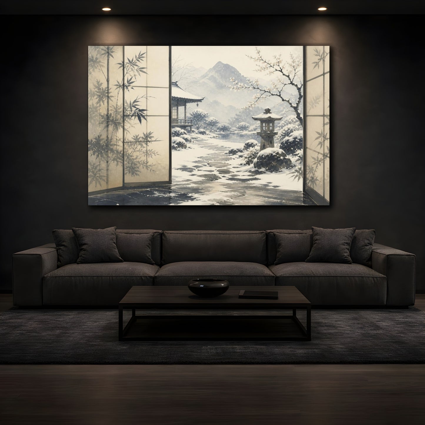 Mockup 3. Snowy Japanese Courtyard View shown as canvas print