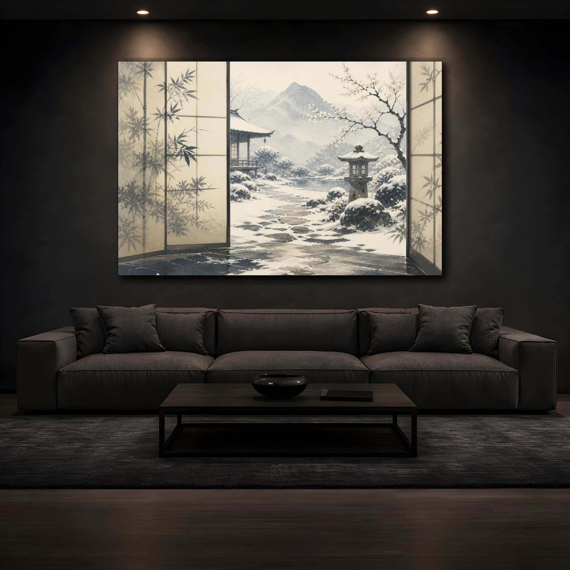 Mockup 3. Snowy Japanese Courtyard View shown as canvas print