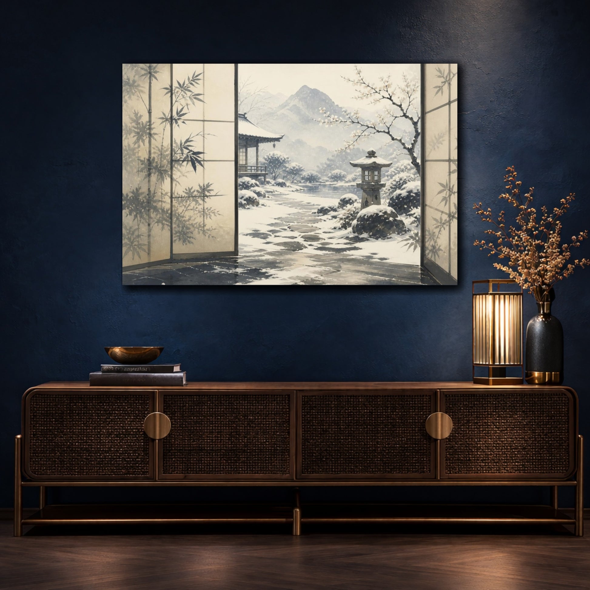 Mockup 4. Snowy Japanese Courtyard View shown as canvas print
