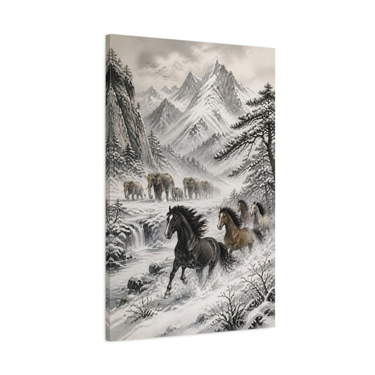 Main Mockup. Snowy Landscape With Horses shown as canvas print