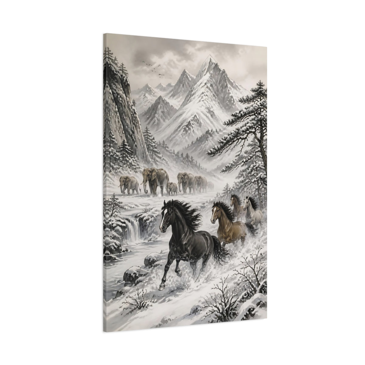 Side Mockup 1. Snowy Landscape With Horses shown as canvas print