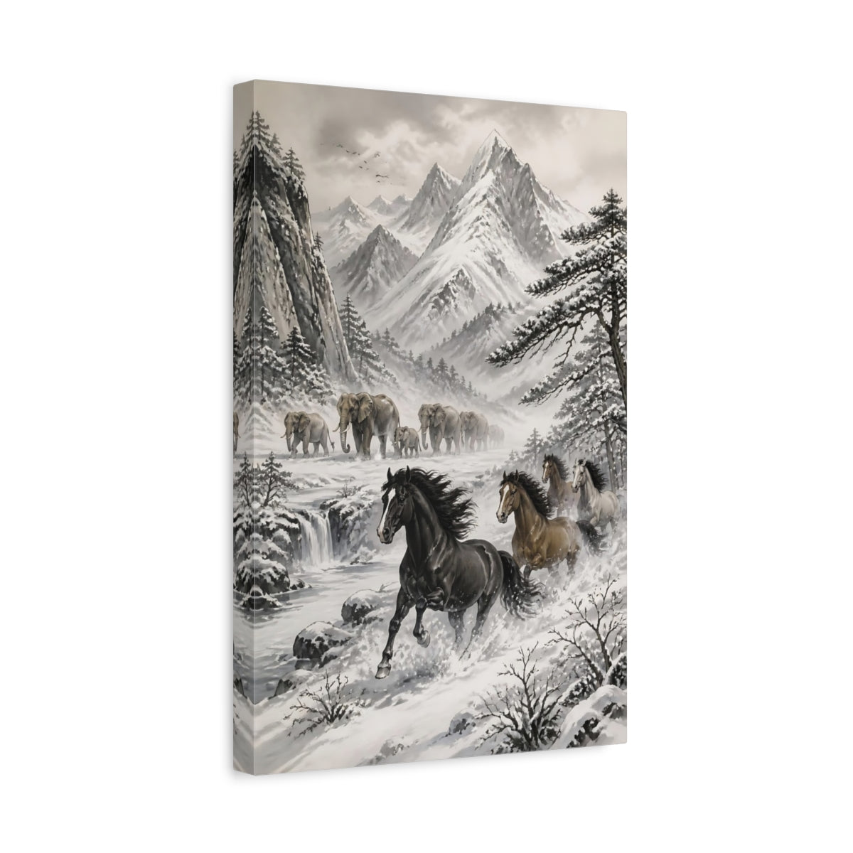 Side Mockup 4. Snowy Landscape With Horses shown as canvas print
