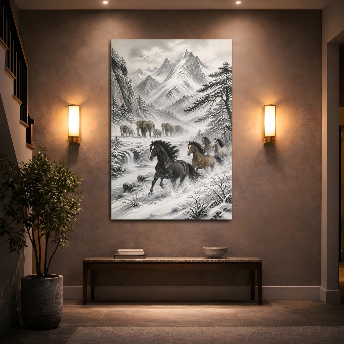Mockup 2. Snowy Landscape With Horses shown as canvas print