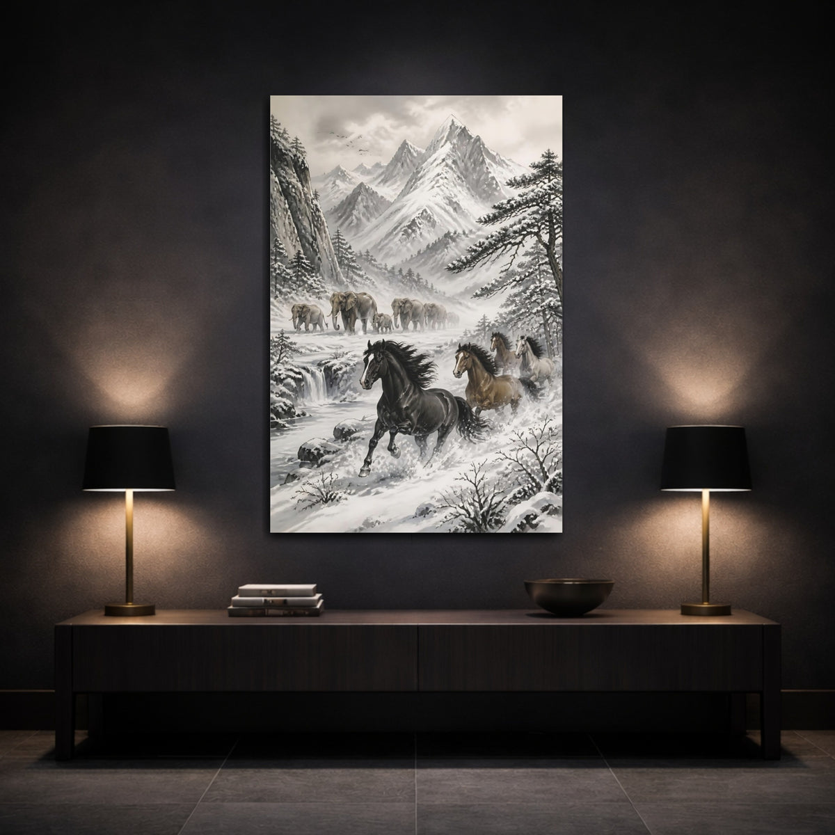 Mockup 3. Snowy Landscape With Horses shown as canvas print