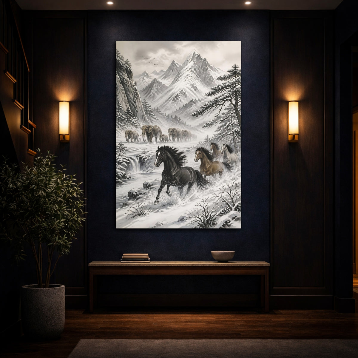 Mockup 4. Snowy Landscape With Horses shown as canvas print