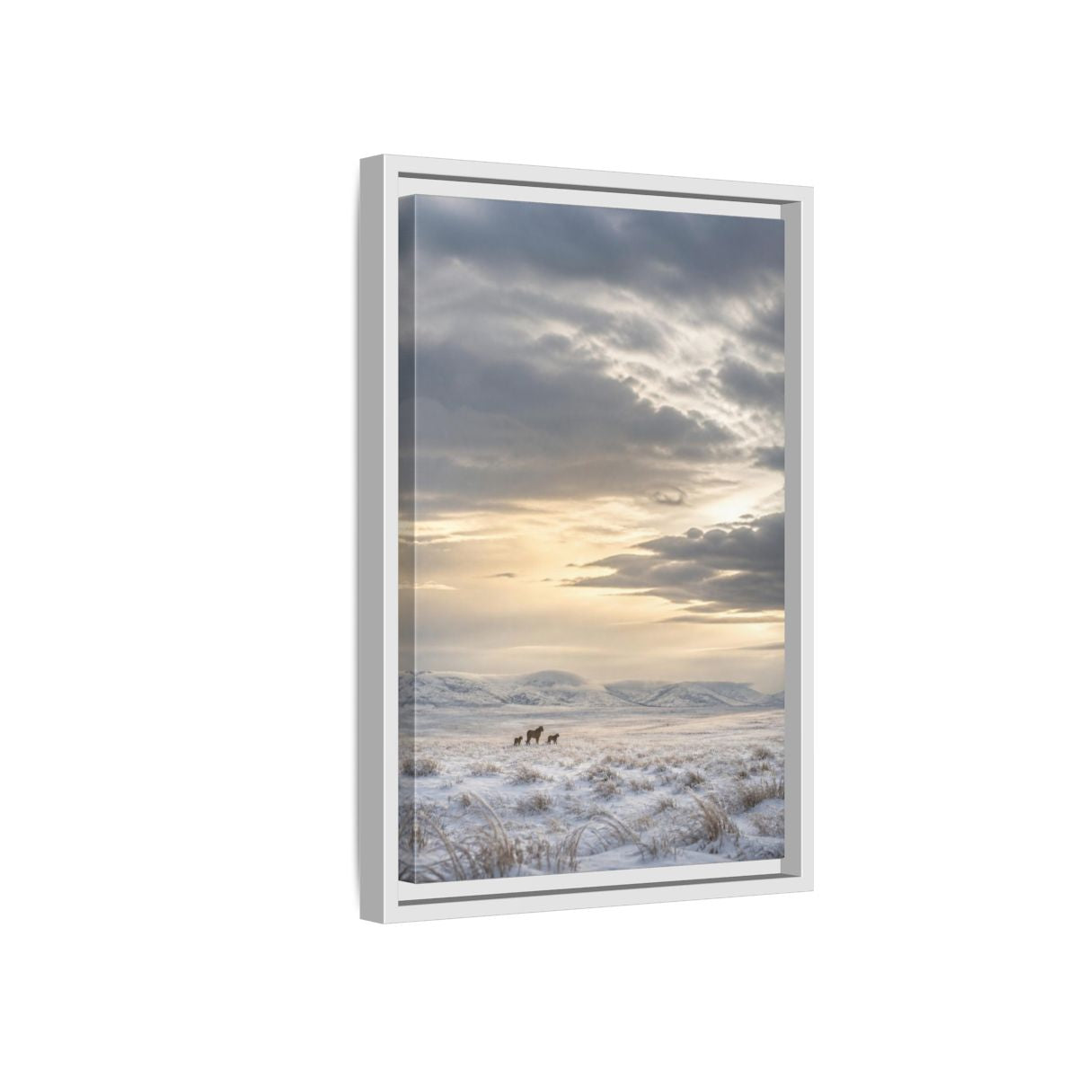 Side Mockup 4. Snowy Lion Landscape shown as framed canvas print