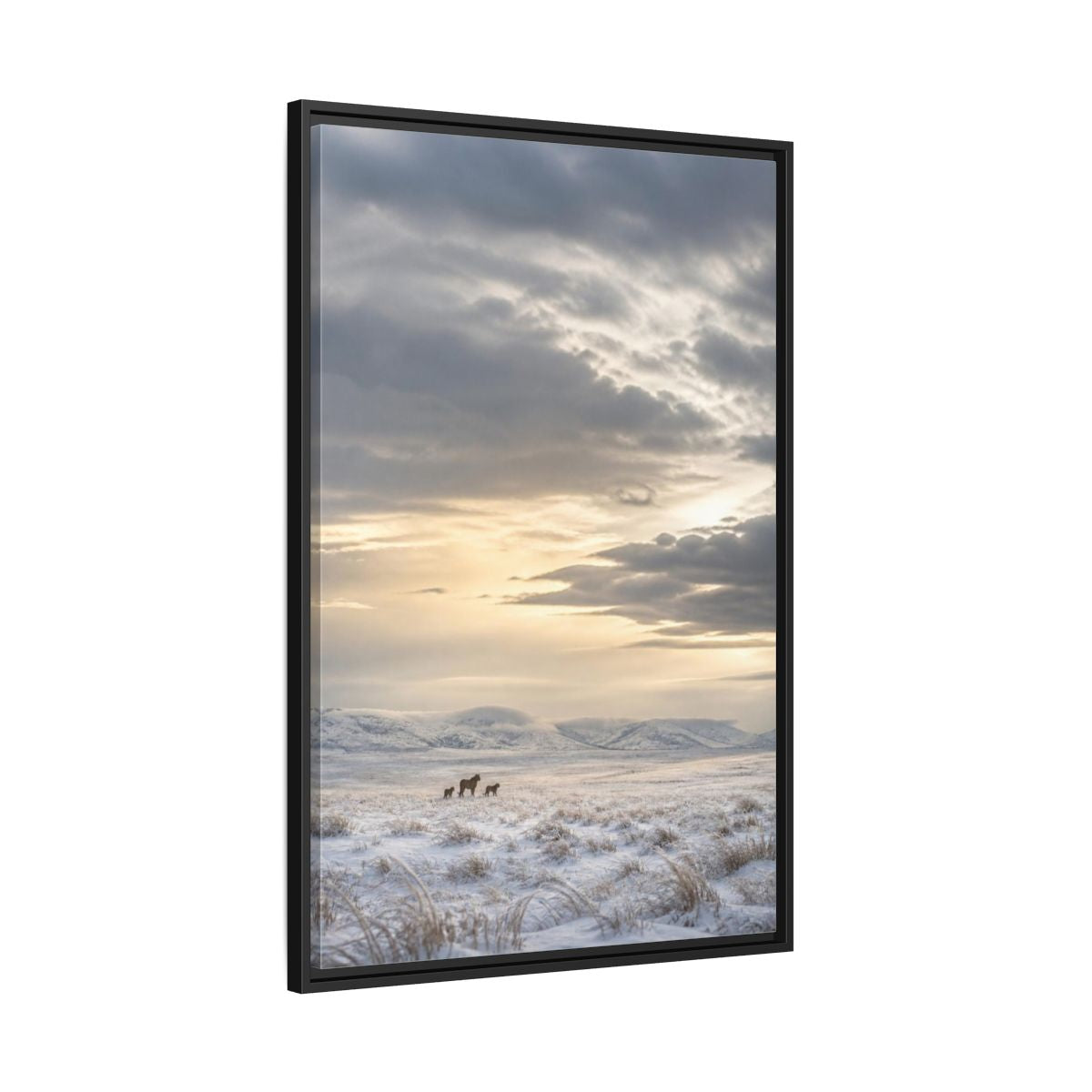 Side Mockup 13. Snowy Lion Landscape shown as framed canvas print