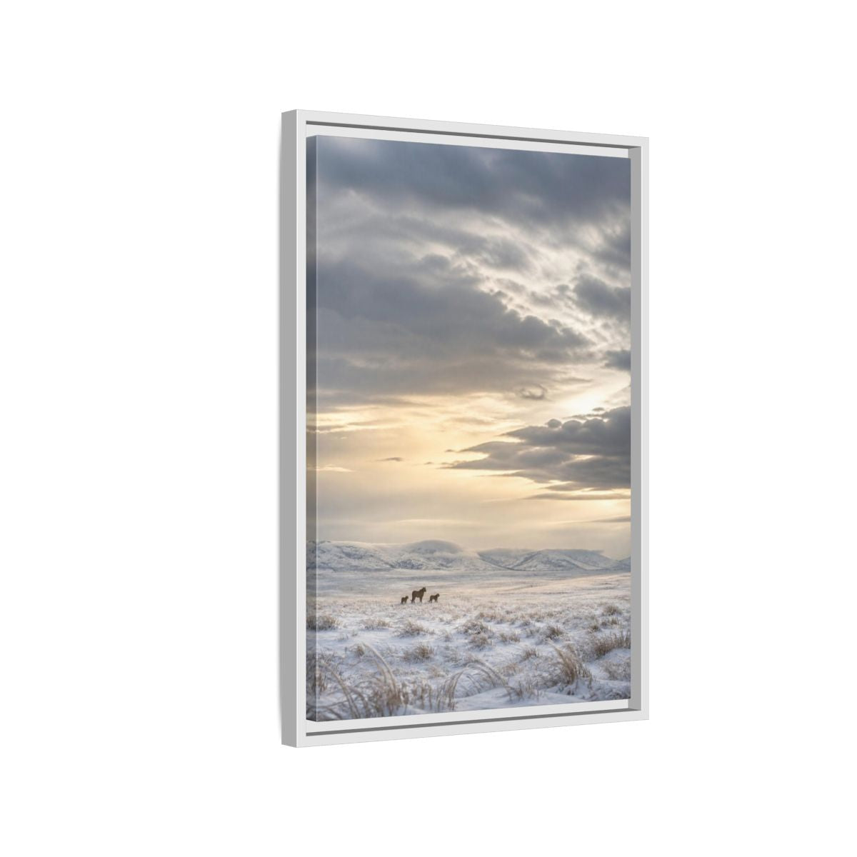 Side Mockup 1. Snowy Lion Landscape shown as framed canvas print