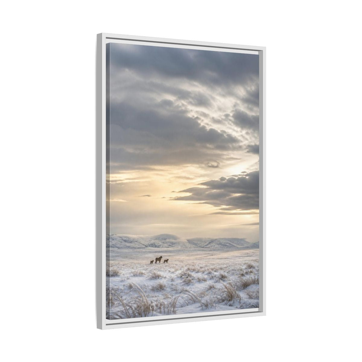 Side Mockup 10. Snowy Lion Landscape shown as framed canvas print