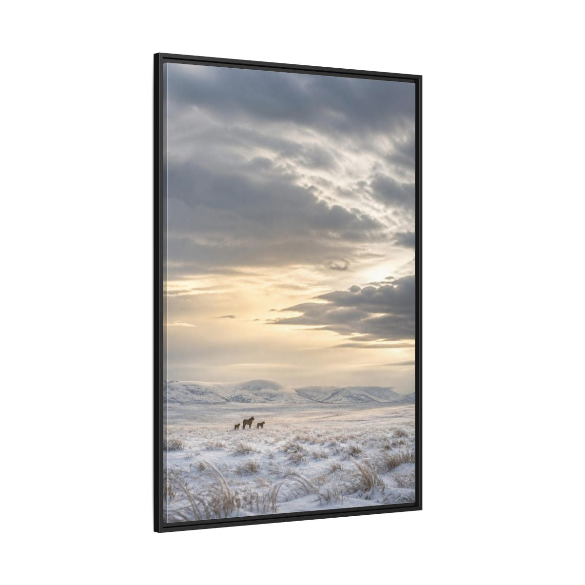 Side Mockup 12. Snowy Lion Landscape shown as framed canvas print