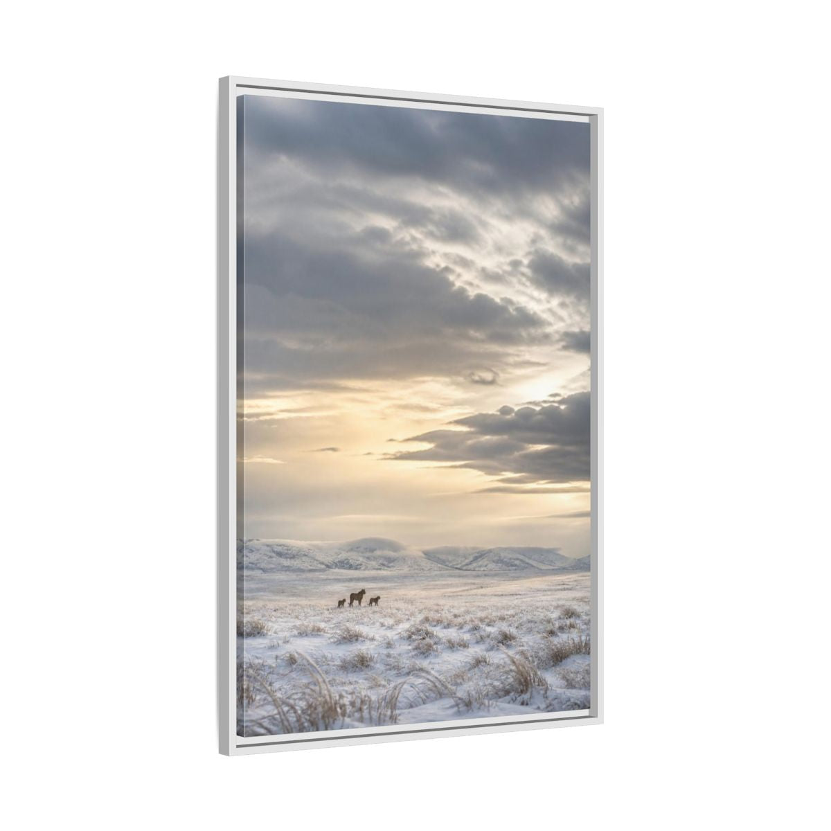 Side Mockup 9. Snowy Lion Landscape shown as framed canvas print
