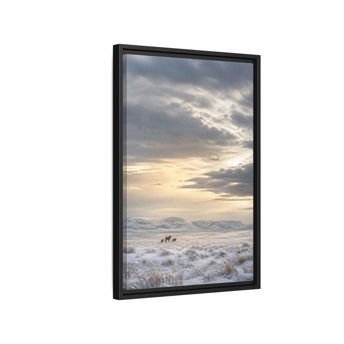 Side Mockup 3. Snowy Lion Landscape shown as framed canvas print