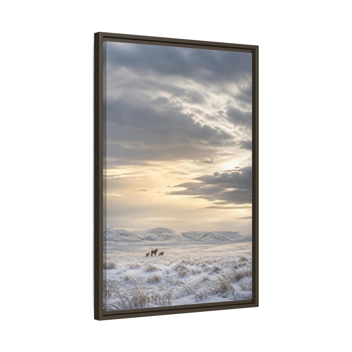 Side Mockup 11. Snowy Lion Landscape shown as framed canvas print