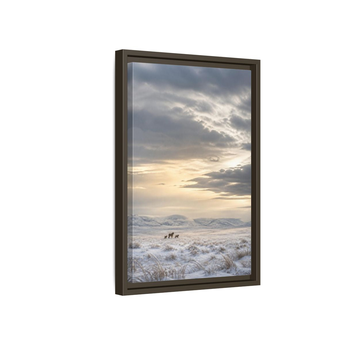 Side Mockup 5. Snowy Lion Landscape shown as framed canvas print