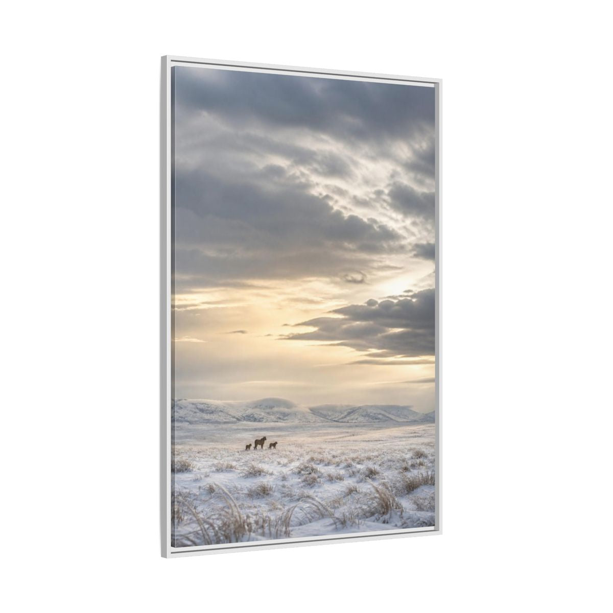 Side Mockup 7. Snowy Lion Landscape shown as framed canvas print