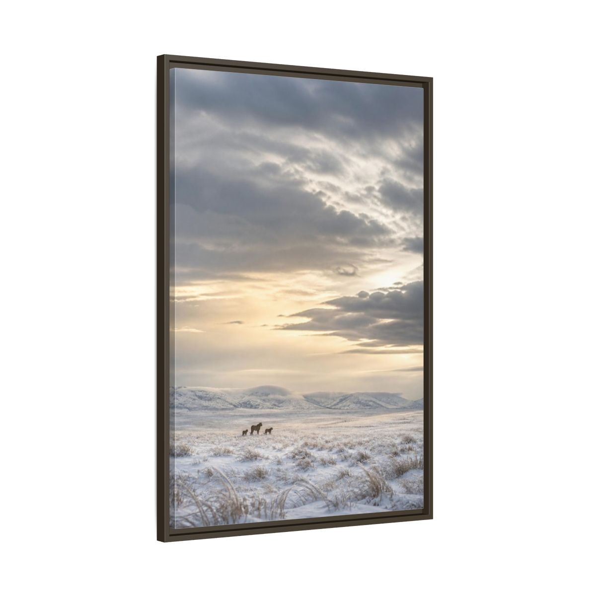 Main Mockup. Snowy Lion Landscape shown as framed canvas print
