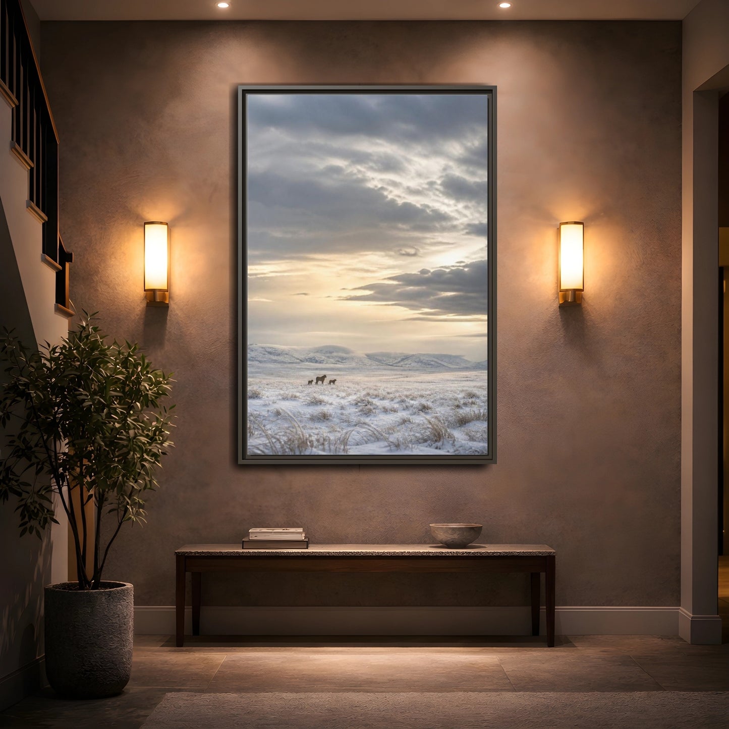 Mockup 2. Snowy Lion Landscape shown as framed canvas print
