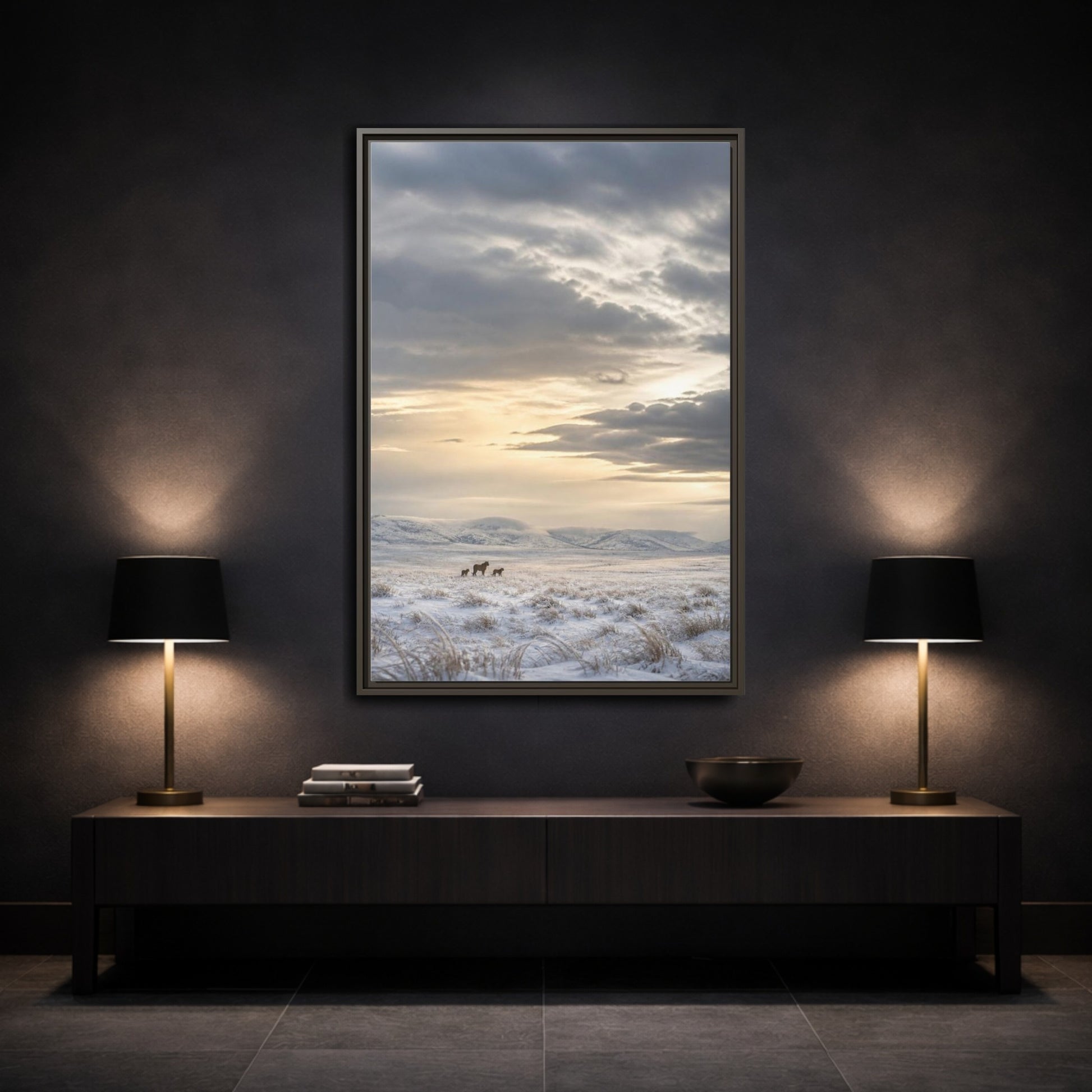 Mockup 3. Snowy Lion Landscape shown as framed canvas print
