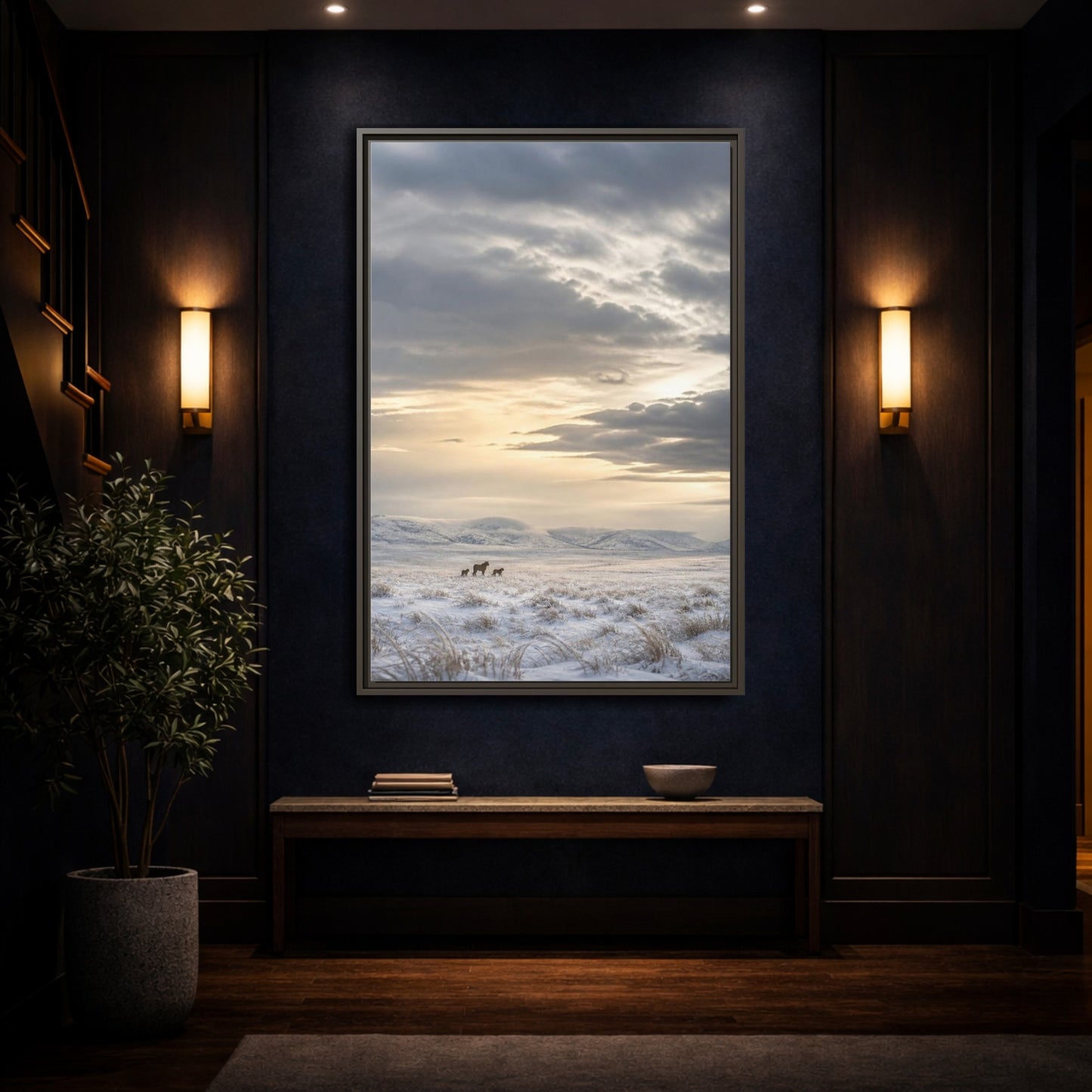 Mockup 4. Snowy Lion Landscape shown as framed canvas print