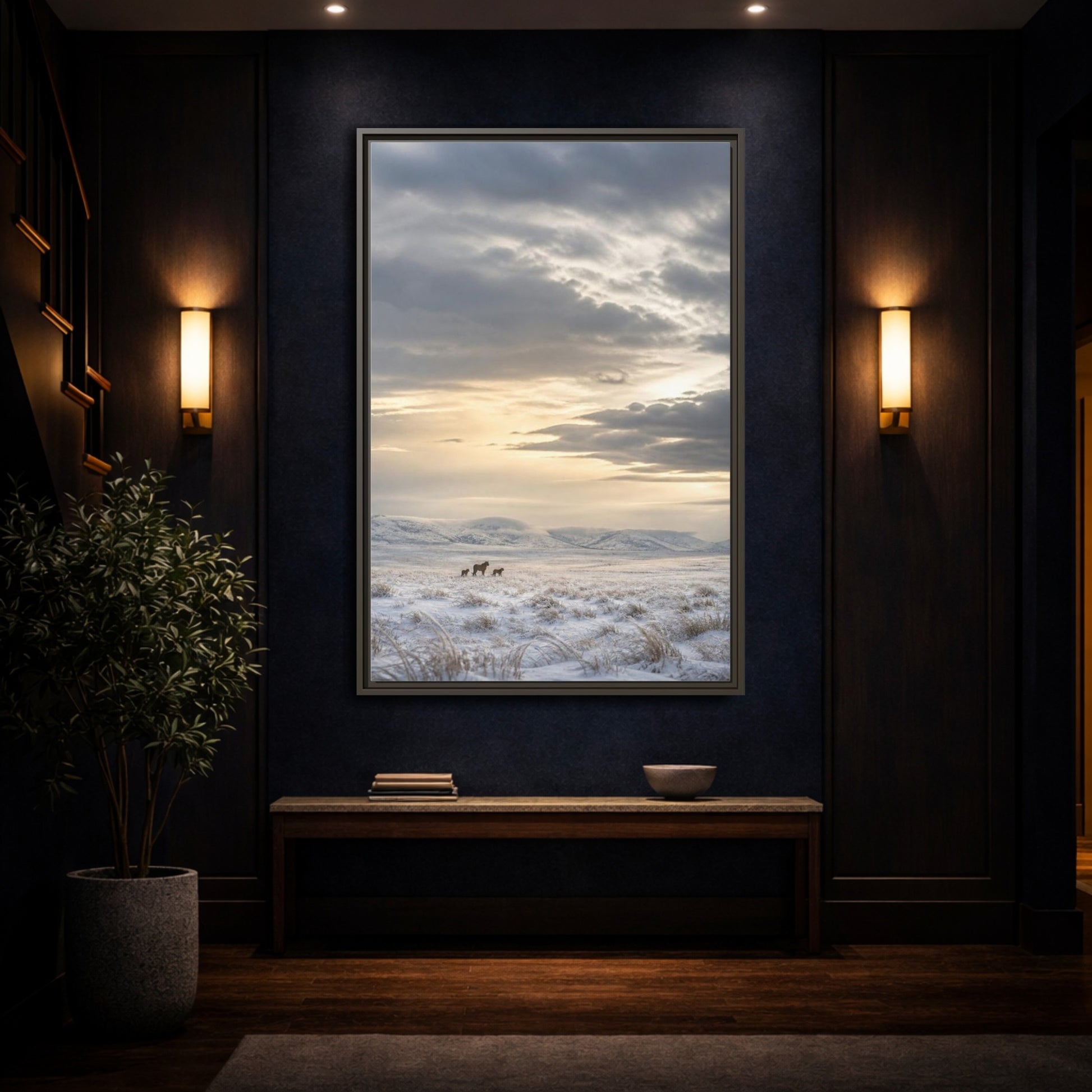 Mockup 4. Snowy Lion Landscape shown as framed canvas print