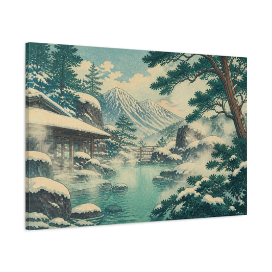 Main Mockup. Snowy Mountain Onsen shown as canvas print