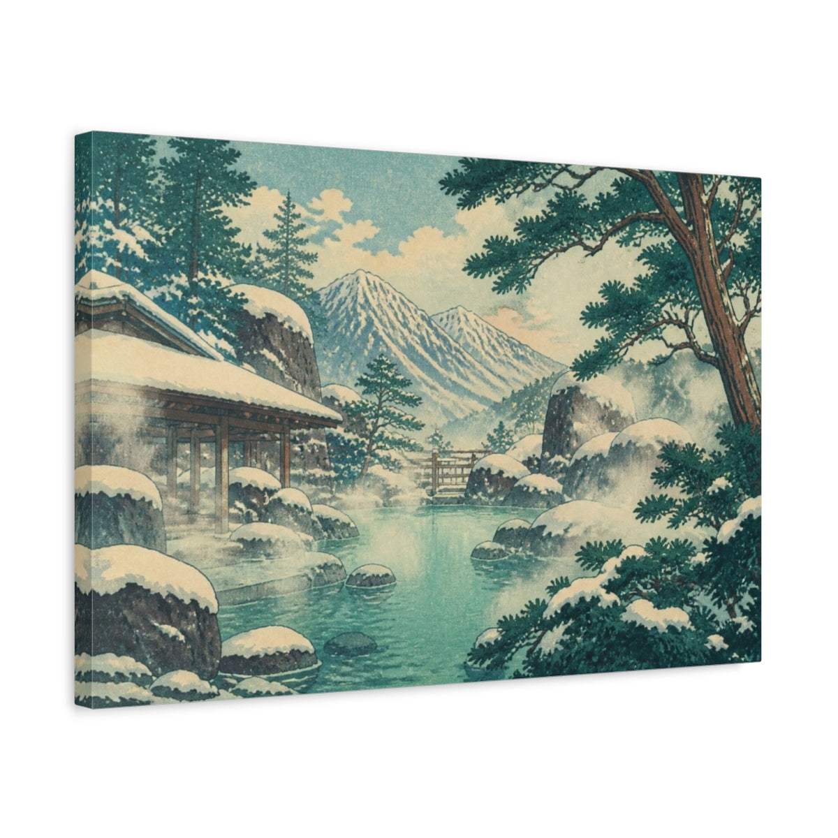 Side Mockup 3. Snowy Mountain Onsen shown as canvas print