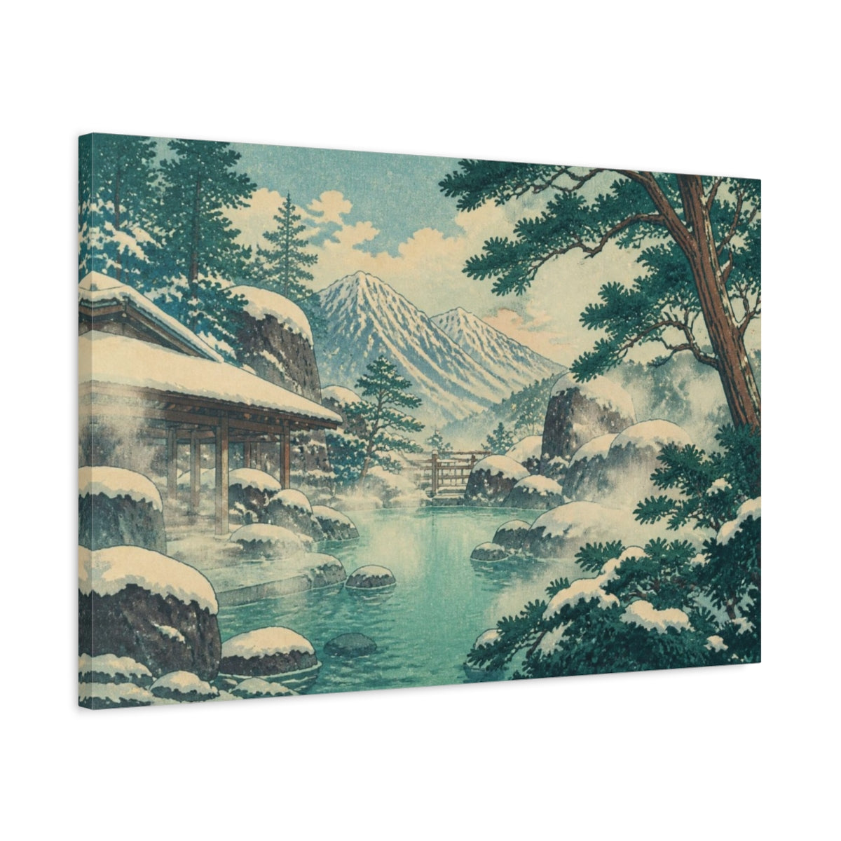 Side Mockup 2. Snowy Mountain Onsen shown as canvas print