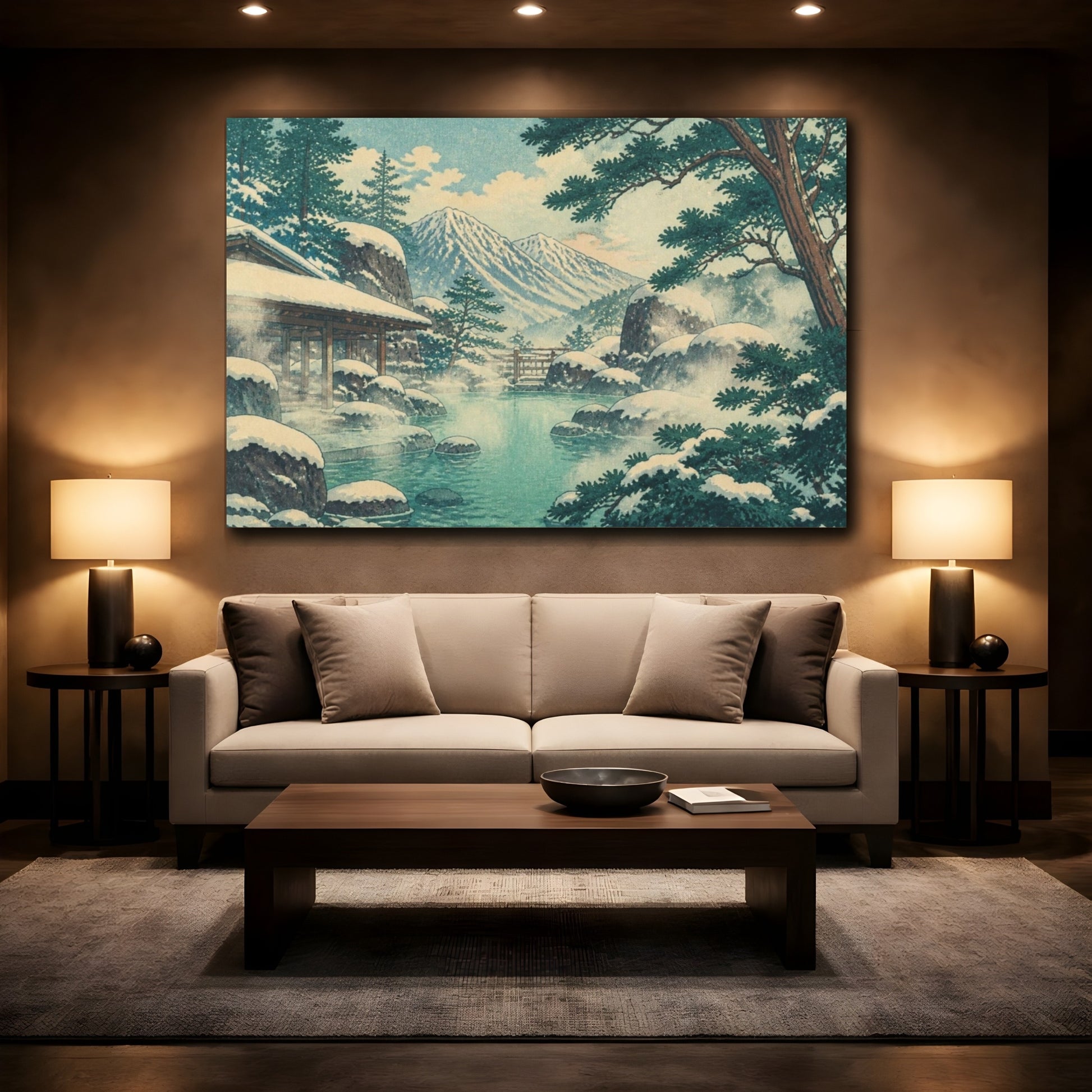 Mockup 2. Snowy Mountain Onsen shown as canvas print
