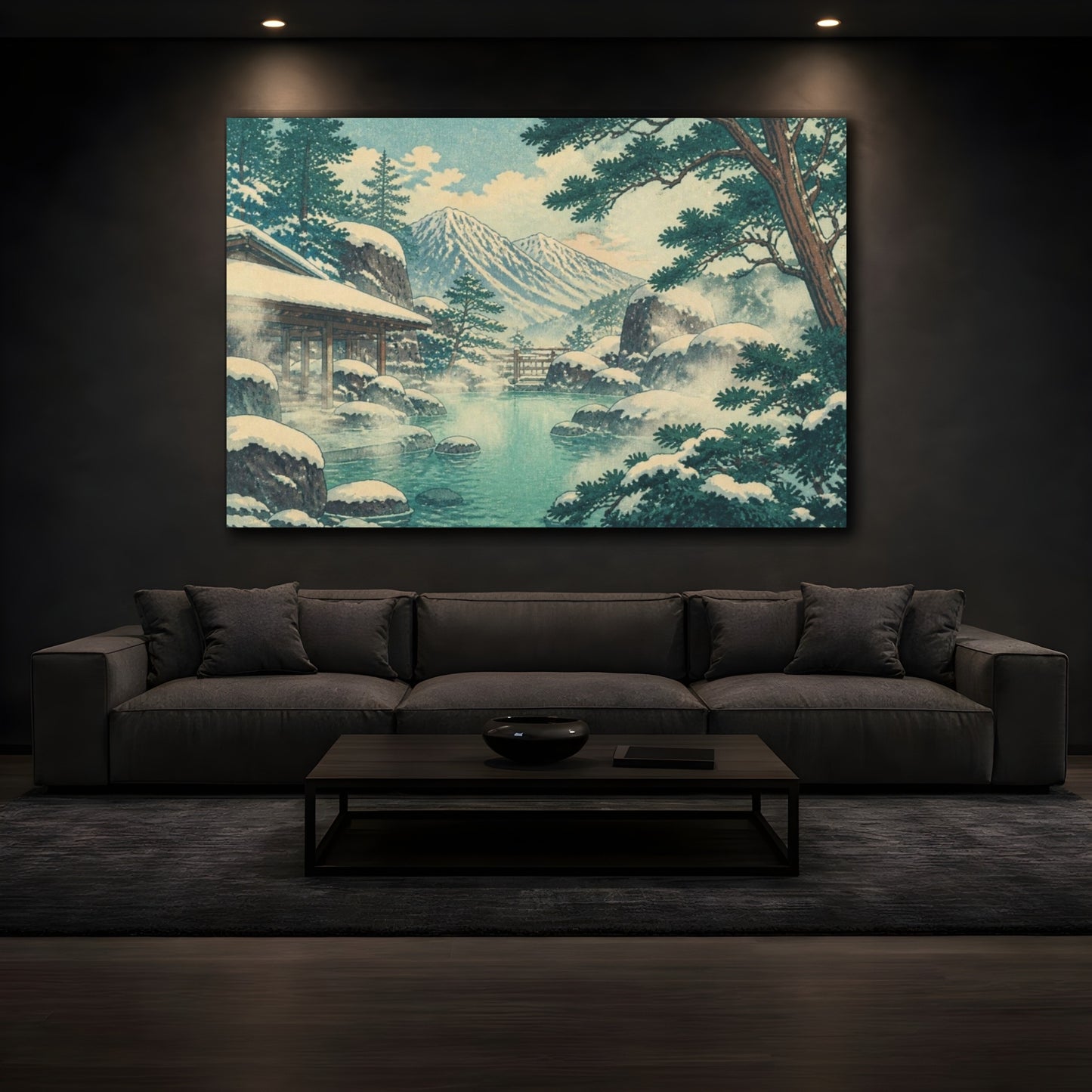 Mockup 3. Snowy Mountain Onsen shown as canvas print