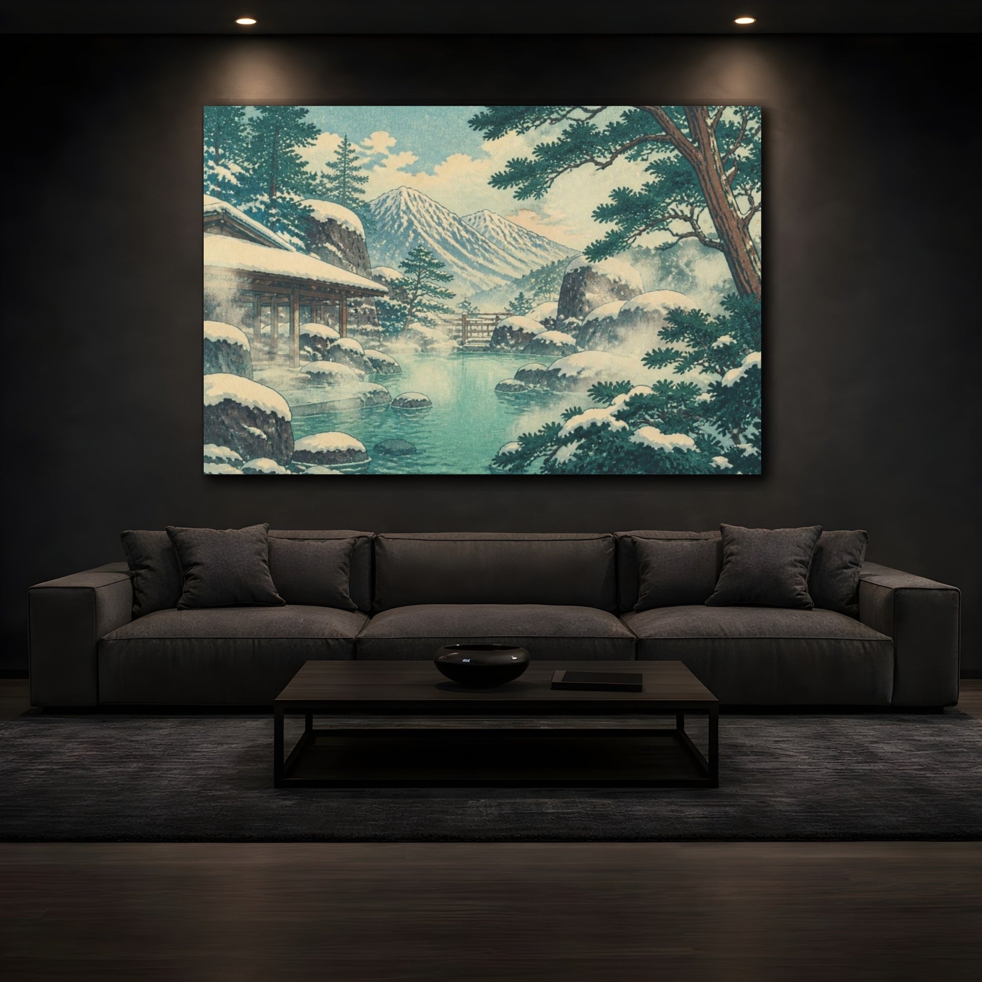 Mockup 3. Snowy Mountain Onsen shown as canvas print