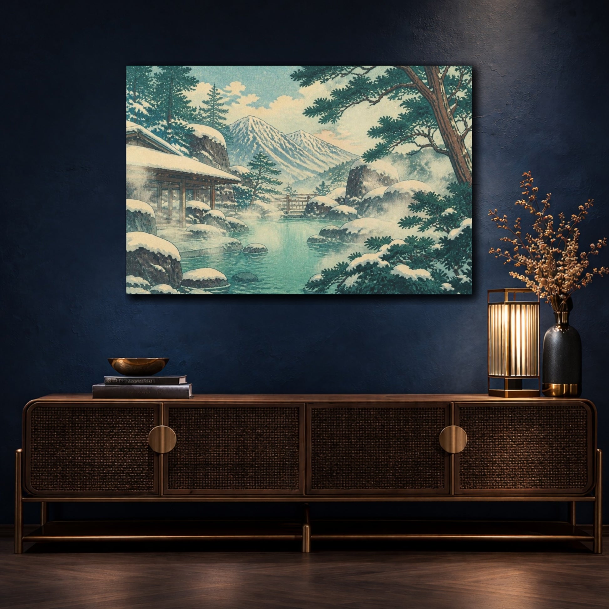 Mockup 4. Snowy Mountain Onsen shown as canvas print