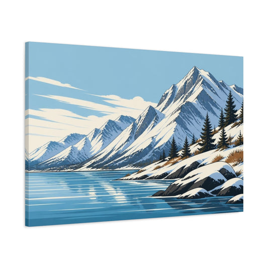 Main Mockup. Snowy Mountain Shoreline shown as canvas print