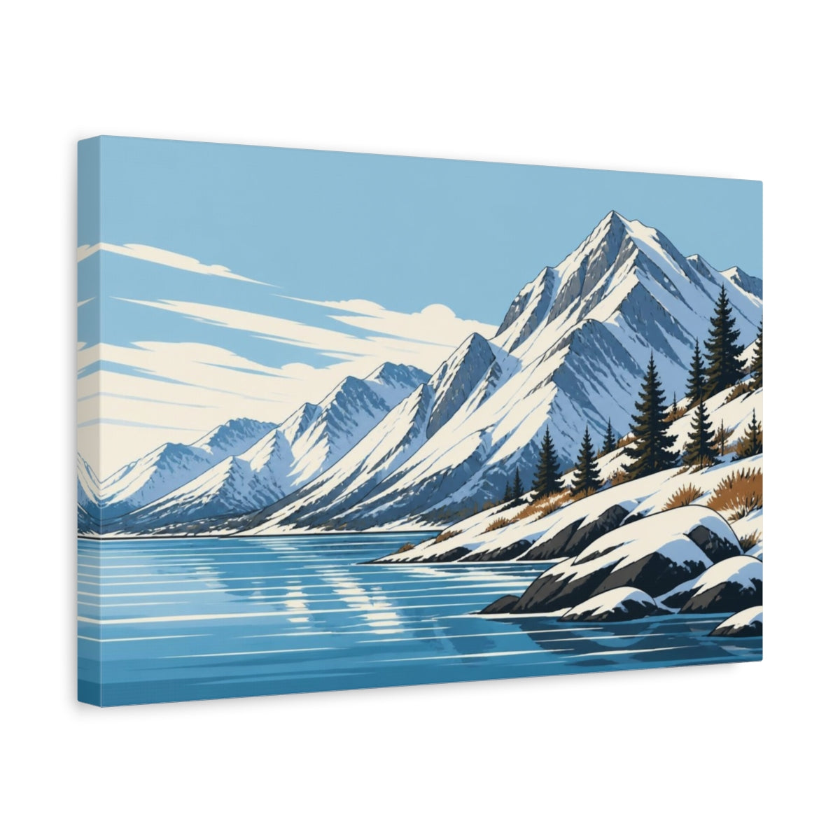 Side Mockup 4. Snowy Mountain Shoreline shown as canvas print
