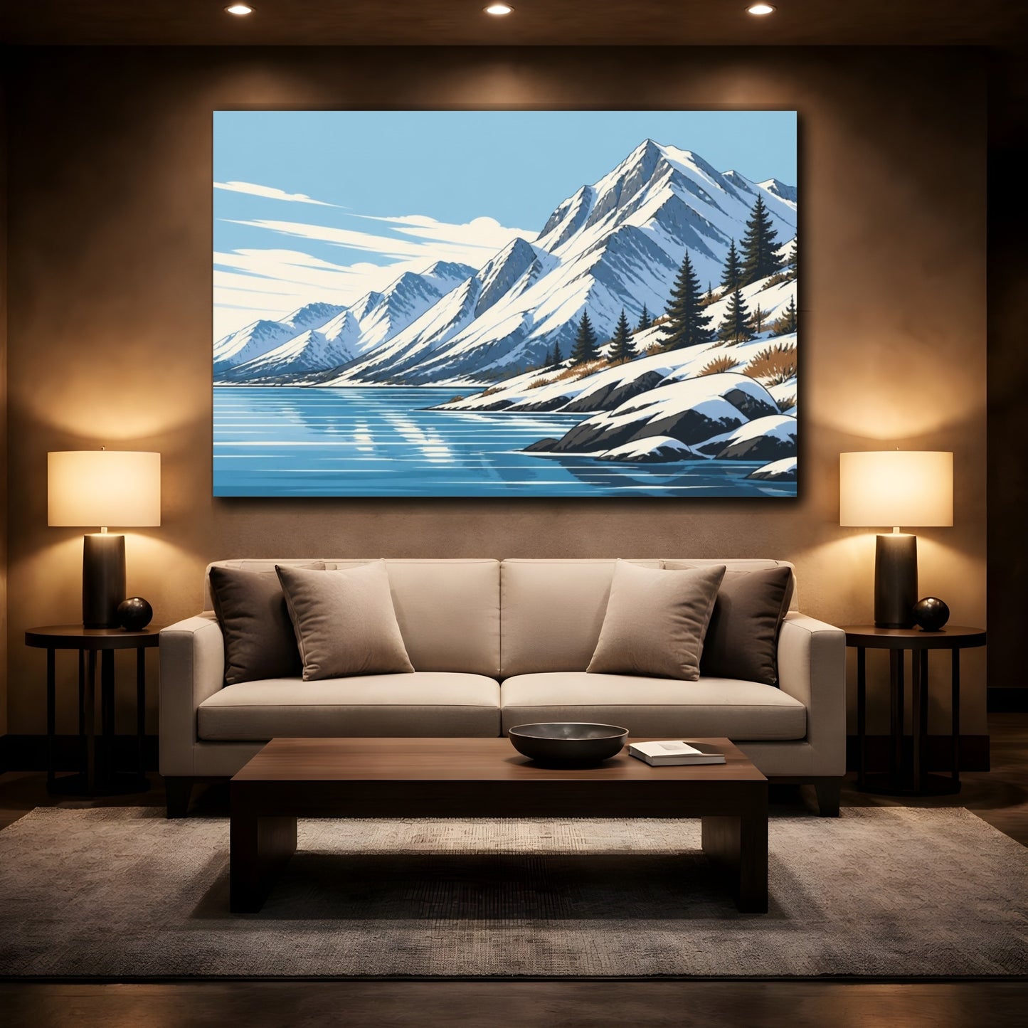 Mockup 2. Snowy Mountain Shoreline shown as canvas print