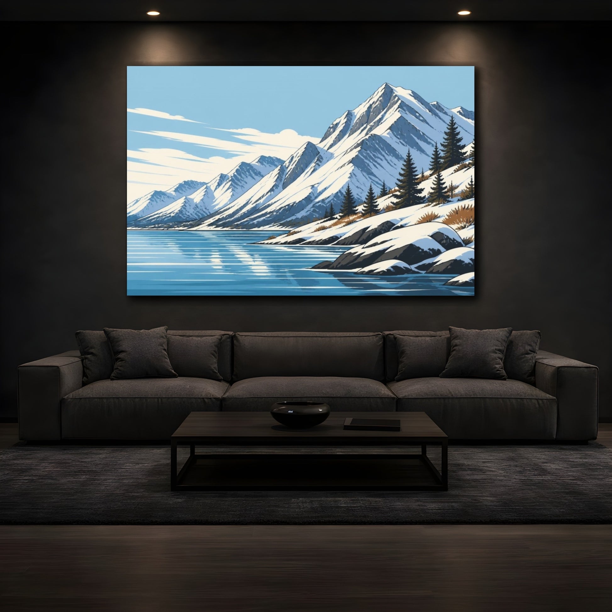 Mockup 3. Snowy Mountain Shoreline shown as canvas print