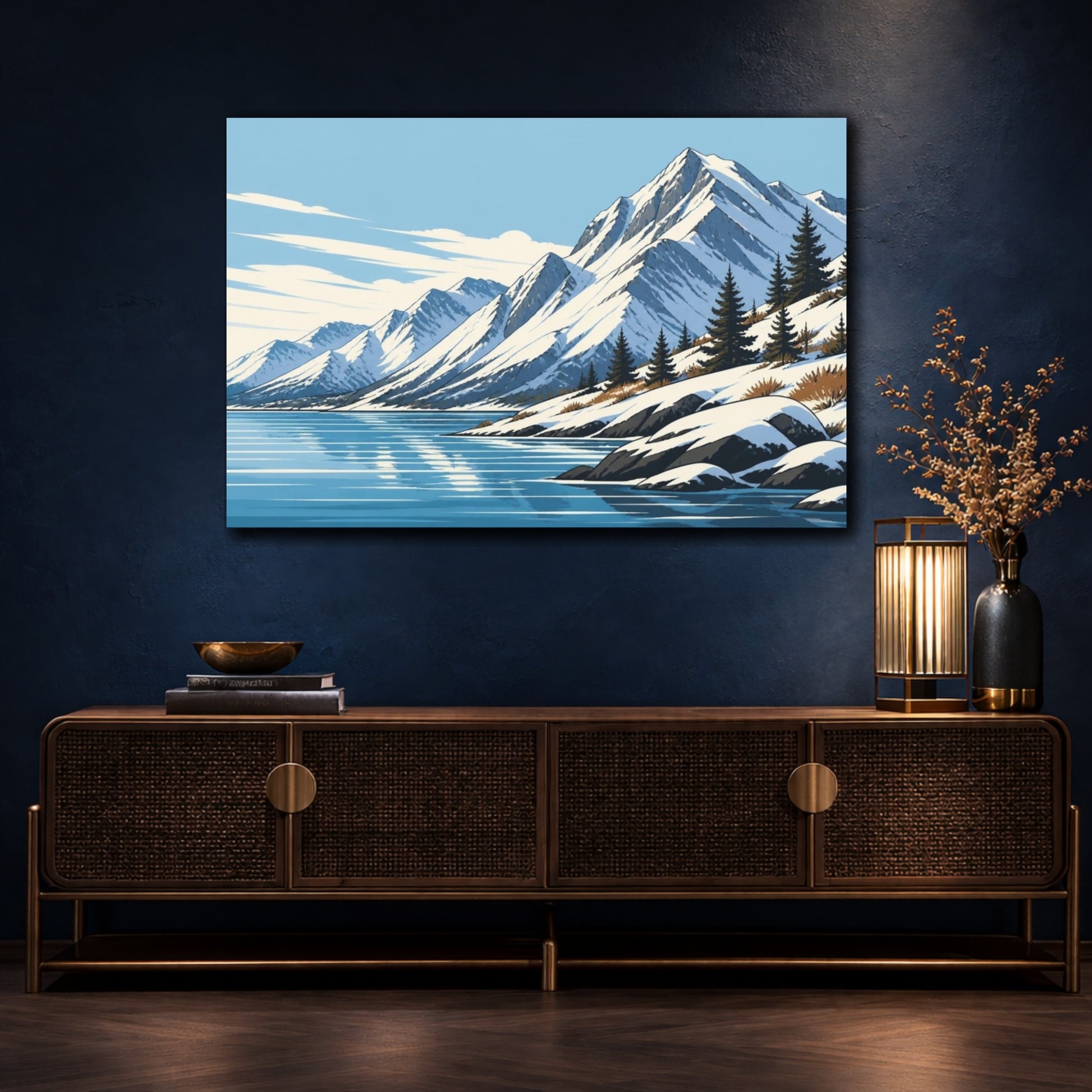 Mockup 4. Snowy Mountain Shoreline shown as canvas print