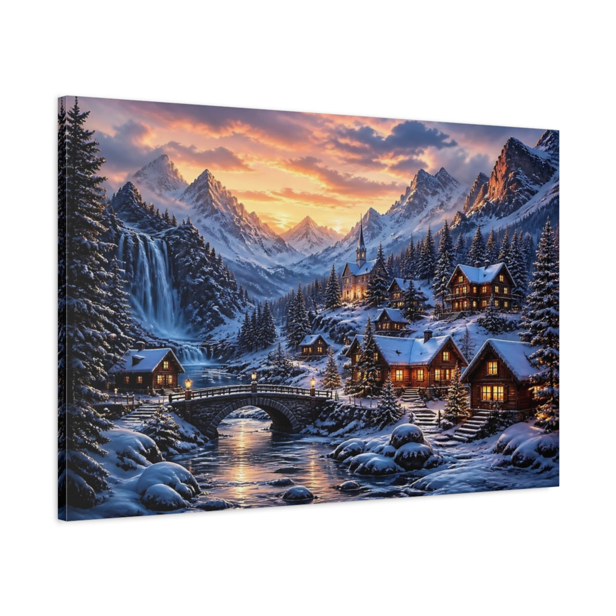 Main Mockup. Snowy Mountain Village shown as canvas print