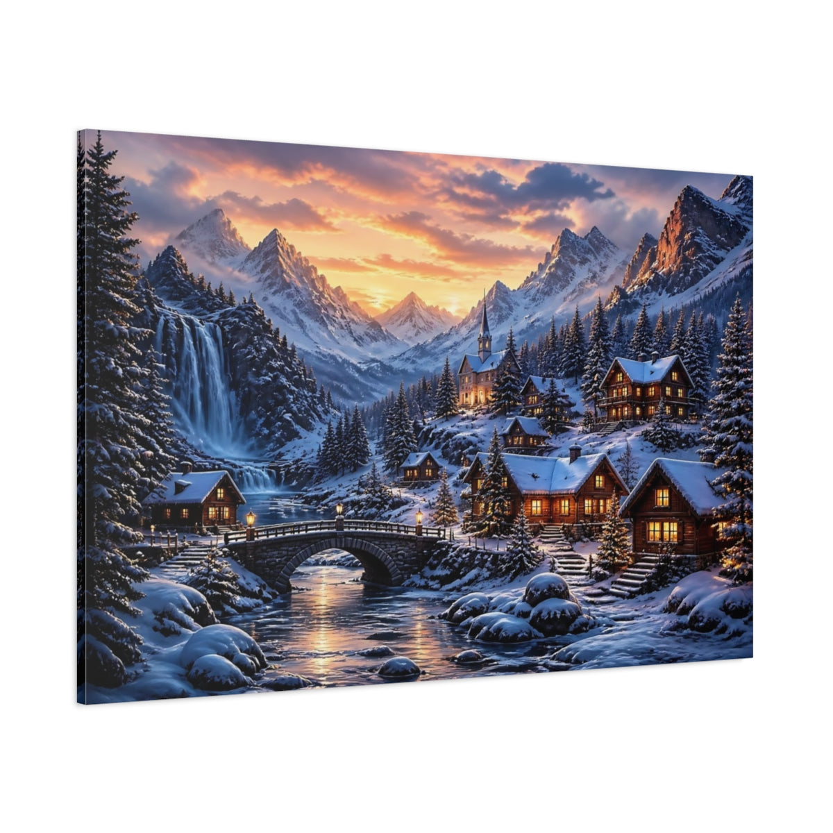 Side Mockup 1. Snowy Mountain Village shown as canvas print