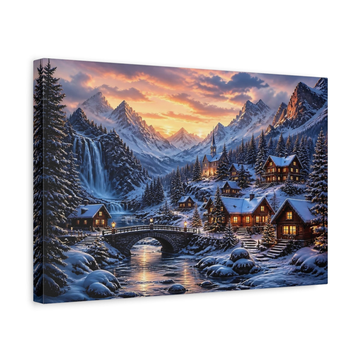 Side Mockup 4. Snowy Mountain Village shown as canvas print