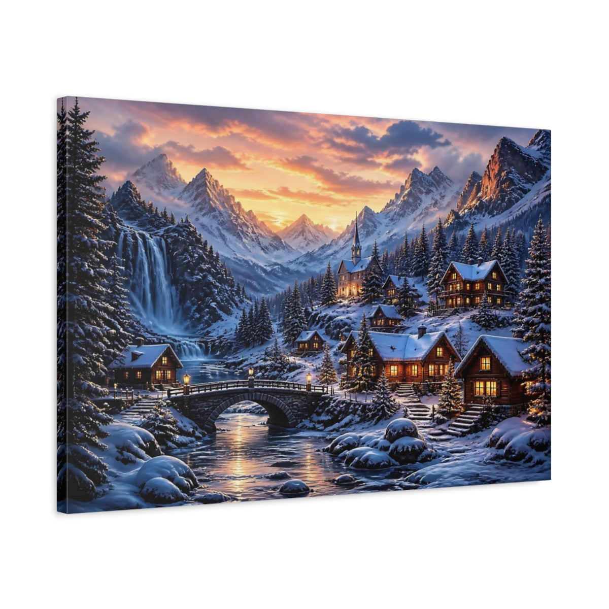 Side Mockup 2. Snowy Mountain Village shown as canvas print